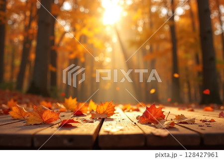 Autumn leaves on a wooden deck. Autumn leaves on a wooden deck. 128427961