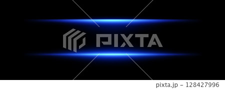 Light neon lines with flare effect. Laser beam glow. Horizontal stripe with bright flash. Vector isolated led radiance on black background. Light neon lines with flare effect. Laser beam glow. Horizontal stripe with bright flash. Vector isolated led radiance on black background. 128427996