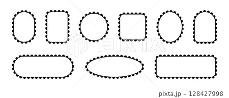 Frames with scallop border. Lace patterns edge on different geometric shapes circle, rectangle and square. Set of black vector elements isolated on white background. Frames with scallop border. Lace patterns edge on different geometric shapes circle, rectangle and square. Set of black vector elements isolated on white background. 128427998