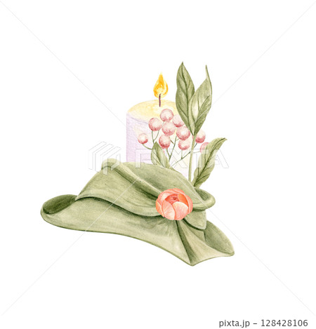 Green hat with pink flower, candle with flame, green leaves, and berries watercolor illustration. Elegant decorative composition for invitations, cards, packaging, branding, wedding or holiday design 128428106