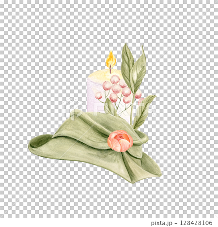 Green hat with pink flower, candle with flame, green leaves, and berries watercolor illustration. Elegant decorative composition for invitations, cards, packaging, branding, wedding or holiday design 128428106