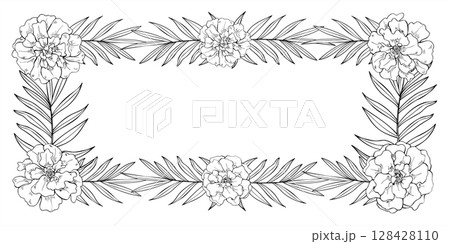 Monochrome vector frame with marigold flowers and tropical leaves in long rectangular format with copy space for text. Floral template for invitations, certificates, labels, greeting cards, packaging Monochrome vector frame with marigold flowers and tropical leaves in long rectangular format with copy space for text. Floral template for invitations, certificates, labels, greeting cards, packaging 128428110
