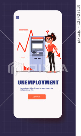 Unemployment crisis woman ATM financial downturn chart mobile app screen economic recession red arrow bar graph dark background Unemployment crisis woman ATM financial downturn chart mobile app screen economic recession red arrow bar graph dark background 128428119
