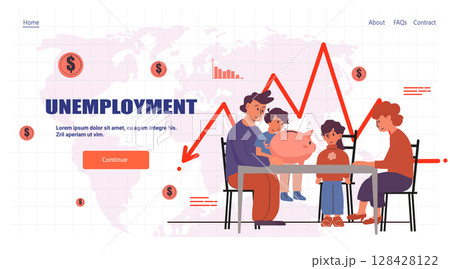 Unemployment economic crisis family financial stress piggy bank sad parents children declining graph world map web banner 128428122