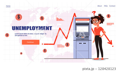 Unemployment crisis economic recession financial downturn worried woman empty ATM declining graph world map website banner 128428123