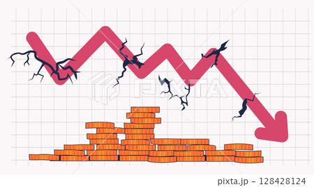 Falling red arrow financial crisis concept cracked line graph stacks of coins grid background economic recession downturn chart template 128428124