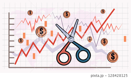 Scissors cutting financial chart economic crisis downturn coins graph falling trend abstract background website banner 128428125