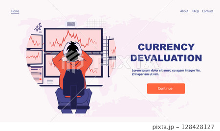 Currency devaluation financial crisis stressed trader monitors falling stock charts multiple screens office background landing page 128428127