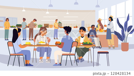 School cafeteria students eating lunch diverse kids sitting at tables serving food staff modern interior bright colors back to school theme 128428134