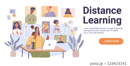 Distance learning online education students virtual classroom teacher using laptop group video call remote study workspace plants modern web banner 128428141