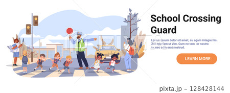School crossing guard children crosswalk safety city street traffic light car adults autumn back to school website banner 128428144