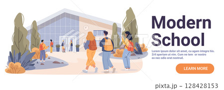 Modern school building students backpacks outdoor campus contemporary architecture landscape website banner 128428153