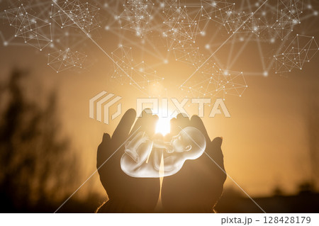 Hands cradle an embryo against a glowing sunset. 128428179