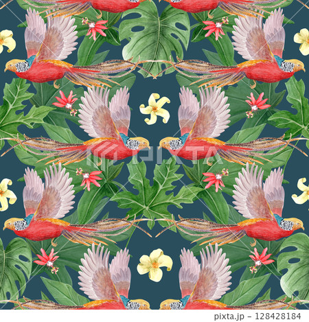 Golden pheasant red birds, yellow flowers, and lush green leaves seamless jungle pattern on dark background. Hand-painted watercolor. Ideal for home decor, packaging, book design, summer projects Golden pheasant red birds, yellow flowers, and lush green leaves seamless jungle pattern on dark background. Hand-painted watercolor. Ideal for home decor, packaging, book design, summer projects 128428184