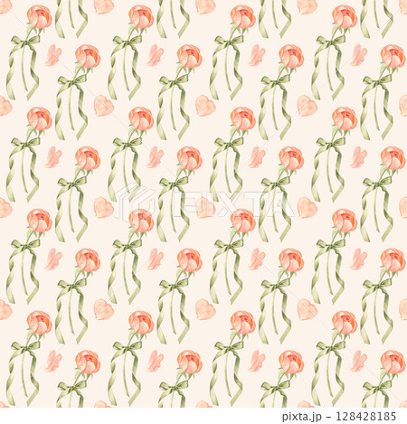 Peony buds, green ribbon flowing tails, petals watercolor seamless pattern on cream background. Hand-painted ideal for gift shop, wedding stationery, charity packaging, romantic graphic design Peony buds, green ribbon flowing tails, petals watercolor seamless pattern on cream background. Hand-painted ideal for gift shop, wedding stationery, charity packaging, romantic graphic design 128428185