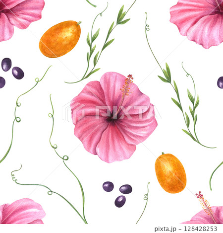 Seamless watercolor pattern with pink hibiscus flowers, orange kumquats, winding vines, and black seeds isolated background. Floral summer illustration for fashion, home decor, digital projects 128428253