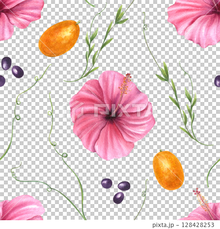 Seamless watercolor pattern with pink hibiscus flowers, orange kumquats, winding vines, and black seeds isolated background. Floral summer illustration for fashion, home decor, digital projects 128428253