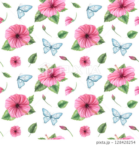 Blue butterflies fluttering among pink Chinese hibiscus flowers watercolor seamless pattern isolated background. Hand painted summer illustration for textiles, wallpapers, gift wrap, whimsical design Blue butterflies fluttering among pink Chinese hibiscus flowers watercolor seamless pattern isolated background. Hand painted summer illustration for textiles, wallpapers, gift wrap, whimsical design 128428254