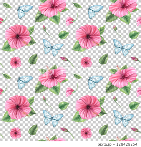 Blue butterflies fluttering among pink Chinese hibiscus flowers watercolor seamless pattern isolated background. Hand painted summer illustration for textiles, wallpapers, gift wrap, whimsical design Blue butterflies fluttering among pink Chinese hibiscus flowers watercolor seamless pattern isolated background. Hand painted summer illustration for textiles, wallpapers, gift wrap, whimsical design 128428254