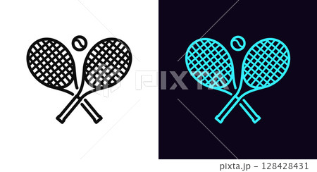 Outline tennis racket icon, with editable stroke. Rackets crosshair with ball, tennis game icon. Two rackets cross sign, tennis tournament and championship, sport court for training. Vector icon 128428431