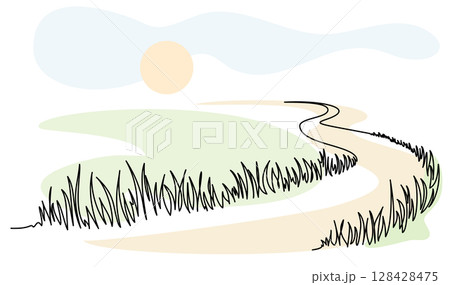 Curvy road with grass in field. Rolling hills and green fields 128428475