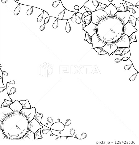 Square monochrome frame with lotus shaped Diya and decorative light garland. Celebrate sacred symbolism monochrome vector illustration painted by black inks. For Diwali cards, festival invitations. 128428536