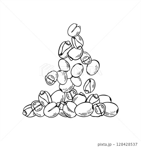Falling beans into pile vector monochrome hand painted illustration. Meatless healthy food. Lotus nuts or lupin beans graphic sketch for packaging healthy snack, protein product label, nutrition blog. Falling beans into pile vector monochrome hand painted illustration. Meatless healthy food. Lotus nuts or lupin beans graphic sketch for packaging healthy snack, protein product label, nutrition blog. 128428537