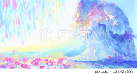 座り込んで物思いにふける女の子　水彩画　イラスト 128428659