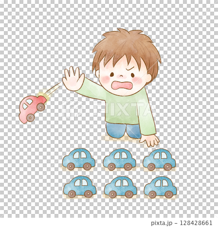 患有發展障礙的男孩沉迷於整理他的玩具車 | 水彩插畫素材 128428661