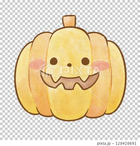Watercolor style character illustration of Halloween pumpkin | Jack-o'-lantern drawn with brown lines 128428691