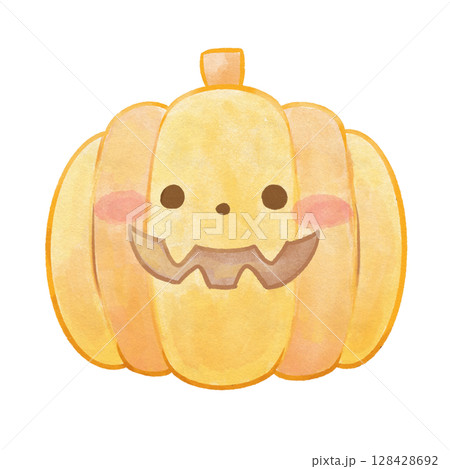 ハロウィンかぼちゃの水彩風キャラクターイラスト|淡い線で描かれた優しいタッチのかぼちゃ ハロウィンかぼちゃの水彩風キャラクターイラスト|淡い線で描かれた優しいタッチのかぼちゃ 128428692
