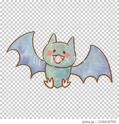 かわいいコウモリの水彩風キャラクターイラスト｜茶色の線で描かれたハロウィン素材 128428700