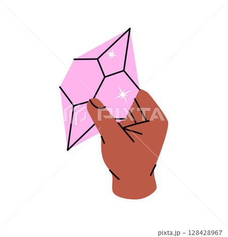Hand holding a crystal. Spirituality crystal. Gemstone, amethyst, ruby, sapphire, emerald, topaz and quartz. Vector illustration. Hand holding a crystal. Spirituality crystal. Gemstone, amethyst, ruby, sapphire, emerald, topaz and quartz. Vector illustration. 128428967