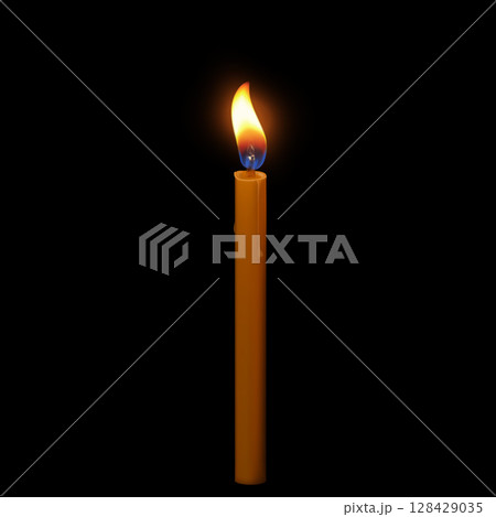 Burning candle with flowing wax 3D vector illustration, realistic thin long glowing lit paraffin candle with fire flame 128429035