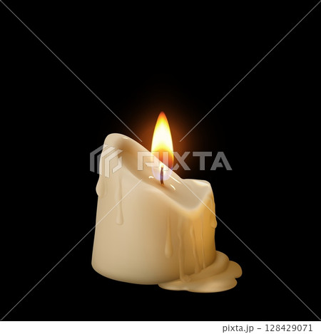 Realistic burning candle with flowing wax 3D vector illustration, glowing lit melted paraffin candle with fire flame Realistic burning candle with flowing wax 3D vector illustration, glowing lit melted paraffin candle with fire flame 128429071