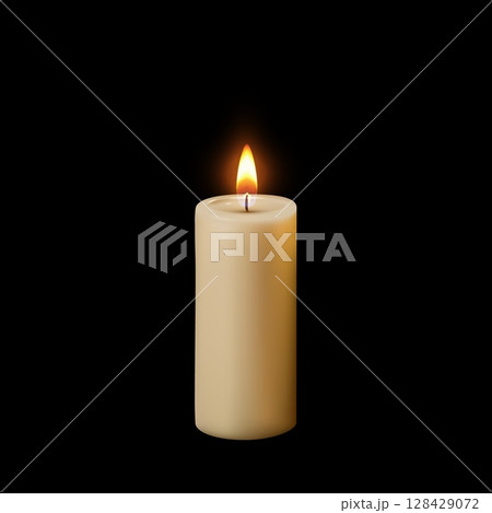 Realistic wax candle with flame on black isolated background. Realistic wax candle with flame on black isolated background. 128429072