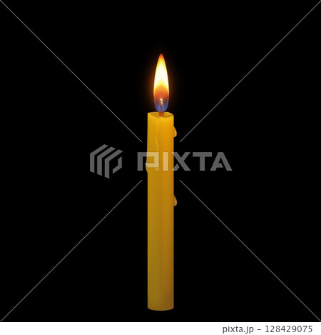 Burning wax candle 3D vector illustration, realistic orange glowing lit paraffin candle with fire flame, candlelight Burning wax candle 3D vector illustration, realistic orange glowing lit paraffin candle with fire flame, candlelight 128429075