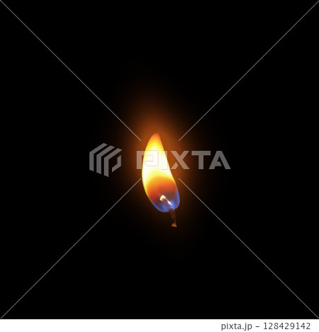 Realistic candle fire flame vector illustration, 3D flare texture black background, closeup candlelight, memorial event 128429142