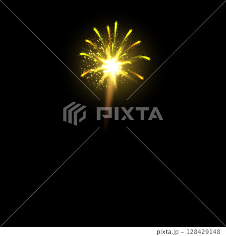 Fireworks salute bang shining sparks, vector yellow explosion festive firecracker salute burst, pyrotechnic rocket fire 128429148