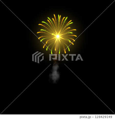 Realistic firework explosion with smoke trail, glowing sparks and yellow-green splashes. 128429149