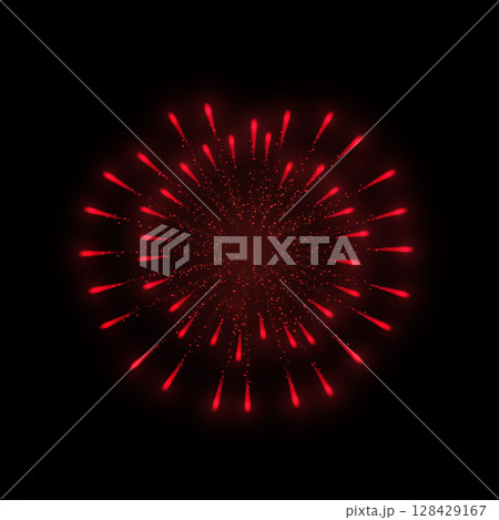 Fireworks salute with shining sparks, vector bright red explosion festive firecracker salute, pyrotechnic rocket fire 128429167