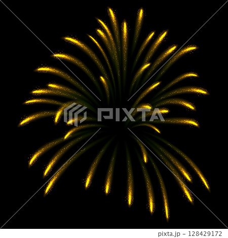 Fireworks salute with yellow shining sparks, vector realistic explosion festive firecracker burst, pyrotechnic fire 128429172