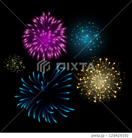 Fireworks salute with shining sparks, vector colorful festive firecracker burst, bright pyrotechnic shimmering explosion 128429192