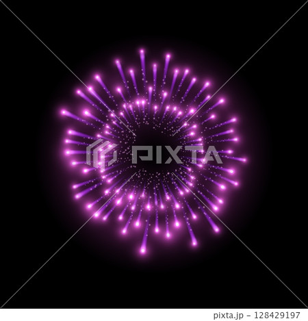 Fireworks salute with pink shining sparks, vector purple explosion festive firecracker salute, pyrotechnic rocket fire 128429197