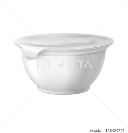 Yogurt cup packaging mockup in white plastic container with closed foil lid. 128429203