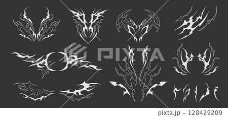 A set of abstract patterns in neo-tribal style on a black isolated background. 128429209