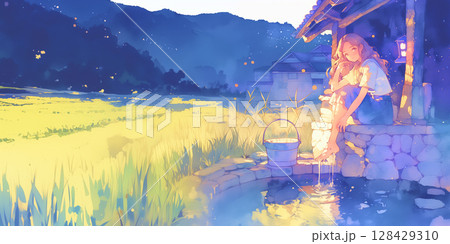 水辺のある縁側で涼しむ女の子 水辺のある縁側で涼しむ女の子 128429310