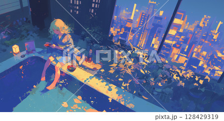 水辺のある縁側で涼しむ女の子 水辺のある縁側で涼しむ女の子 128429319