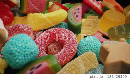 Vibrant Colors Of Jelly Gummy Candies,Sweet Bears With Sugary Coating.macro View 128429399