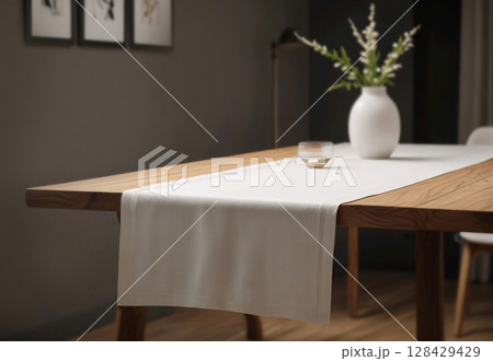 Blank white table runner mockup, minimalistic interior background, ai generated 128429429